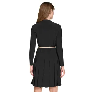 NWT Tommy Hilfiger Pleated V Neck Fit Flare Long Sleeved Knit Midi Dress Black 4 thumbnail 3