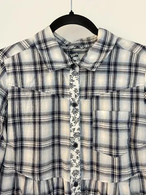 Free People Plaid Western Floral Accent Button Up Tunic Top Boho Preppy Size 12 thumbnail 5