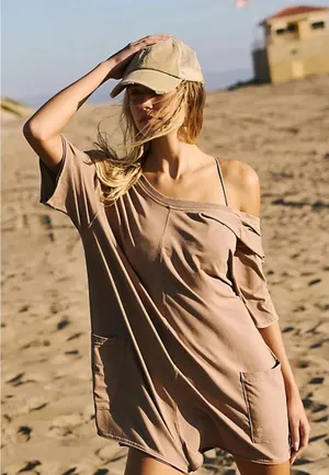 Free People Movement Hot Shot Tee Romper Mocha Latte Brown Boho Womens Medium thumbnail 1
