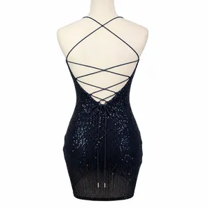 Misty Rose Sequin Mini Dress Womens Navy Blue Open Back Lace Up Sparkly Glam thumbnail 7