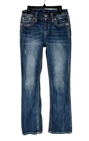 Miss Me SZ 26 Mid-Rise Boot Jeans Distressed Whiskered Stretch Zip-Fly Pockets thumbnail 1