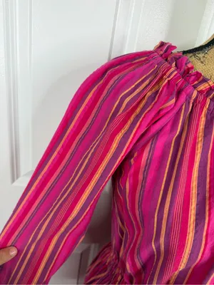 BURU Size S Pink Striped Cotton Long Sleeve Tiered Mini Dress thumbnail 6