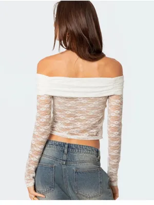 $58 NWOT Edikted Elysia Fold Over Sheer Lace Top in white M thumbnail 3