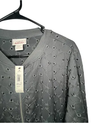 NWT Ariat Grey Eyelet Cut Out Embroidered Zip Up Lightweight Western Bomber Jack thumbnail 2