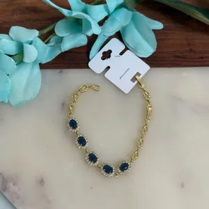 14K Gold Plated XP Womens Halo Link Bracelet‎ Adjustable Blue Oval Stone thumbnail 2