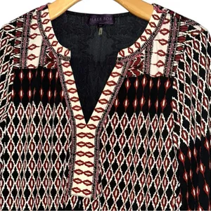 Hale Bob Vintage Womens Size M Black Burgundy Geo Printed Henley Neck Mini Dress thumbnail 4