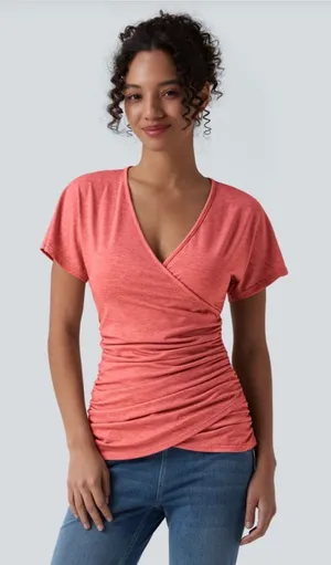 Halara Womens Wrap V-Neck Ruched Top Medium Coral Pink Short Sleeve T-Shirt thumbnail 1