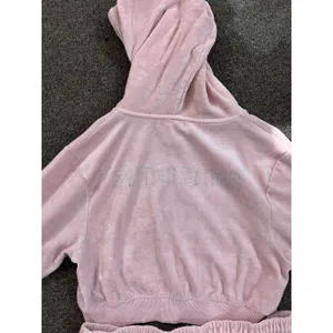 PrettyLittleThing Pink Velour 2pc Tracksuit Set Zip Hoodie Joggers Pockets thumbnail 5