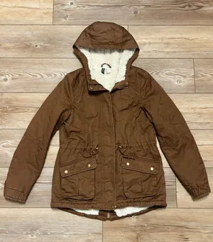 H&M Divided Brown Utility Parka Jacket Faux Shearling Lined Hooded Women Size 6 thumbnail 1