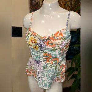 EUC SWEET LEMON Ivory Multicolored Floral Ruched Front Woven Tank SZ S thumbnail 2