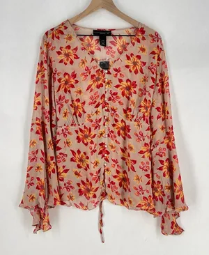 Venezia Sheer Chiffon Floral Blouse‎ Button Front V-Neck Flare Sleeve Boho 14/16 thumbnail 1