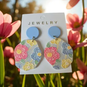 Flowerful Colorful Embossed‎ Acrylic Earrings with Blue Studs thumbnail 4