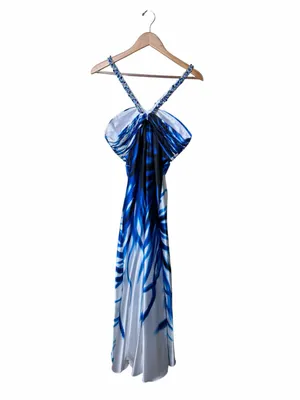 Cache Y2K Rhinestone Halter Blue Abstract Maxi Homecoming/ Prom Dress Size 10 thumbnail 5