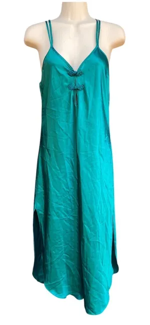 Vtg California Dynasty Emerald Green Satin Maxi Slip Dress Size S Chinese Knot thumbnail 1