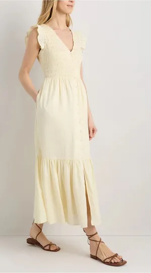 Quince Organic Textured Cotton Smocked V-Neck Midi Dress Pale Custard Yellow L thumbnail 1