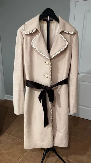 Express Cream Trench Coat with Brown Satin Waist Tie thumbnail 1