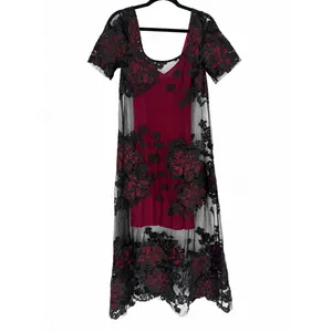 Tracy Reese Mesh Floral Midi Dress S Black Burgundy Gothic Whimsigoth Dark Moody thumbnail 2
