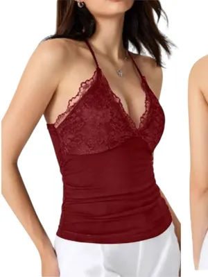 Romwe Whimsigoth Y2K Size S Top Contrast Lace Ruched Tie Back V-Neck Top Vest Red thumbnail 1