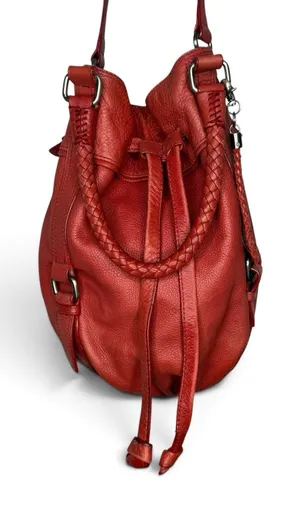 The Sak Red Pebbled Leather Bucket Bag Braided Drawstring Crossbody Handbag Hobo thumbnail 1