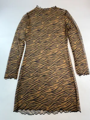 Brown Tiger Stripe Mesh Mock Neck Long Sleeve Lettuce Edge Mini Dress Womens thumbnail 1