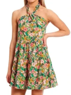 Copper key mini dress colorful floral tropical print halter neck open back linen thumbnail 1