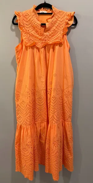 In Loom Eyelet Detail Flutter Sleeve Tiered Ruffle Collar Maxi Dress Orange thumbnail 1