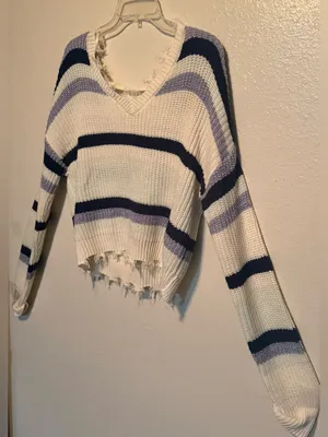 Rue21 Large Distressed Striped Oversized Cropped Knit Sweater thumbnail 4