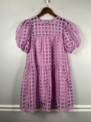 English factory Gridded Puff Sleeve Dress in lilac size small thumbnail 3
