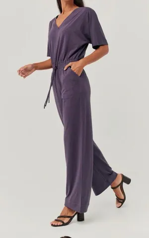 Pact Revive Organic Cotton V-Neck Short Sleeve Drawstring Jumpsuit Purple Small thumbnail 1
