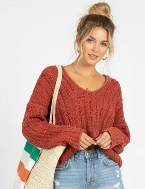 Free People High Low Open Knit V-Neck Sweater Rust Orange Boho Cropped Size M thumbnail 1