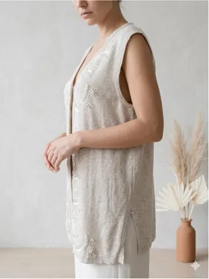 Theo Miles Vintage Beaded Sweater Vest Missy Medium Linen Blend Oatmeal Boho Cre thumbnail 2