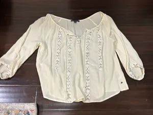 American Eagle Cream Long Puff Sleeve Blouse with Lace & Bead Detail M thumbnail 1