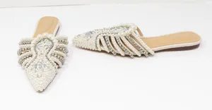 Azalea Wang Adaline Faux Vegan Leather Pearl Rhinestone Bone Slip On Flat Shoes thumbnail 1