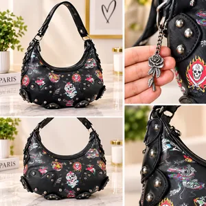 🔥 NWT Ed Hardy Y2K Tattoo Print Studded Hobo Bag Black 🖤 thumbnail 3