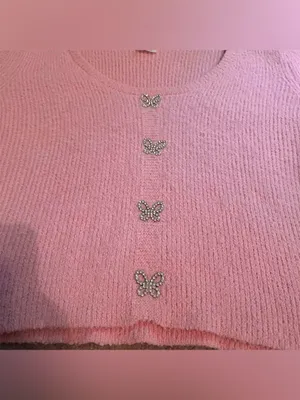 Pink Fuzzy Rhinestone Butterfly Button Long Sleeve Sweater thumbnail 8