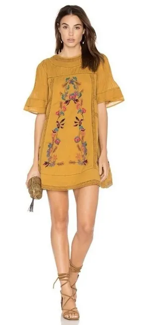 Free People Perfectly Victorian Dress S Mustard Embroidered Crochet Lace Boho thumbnail 1