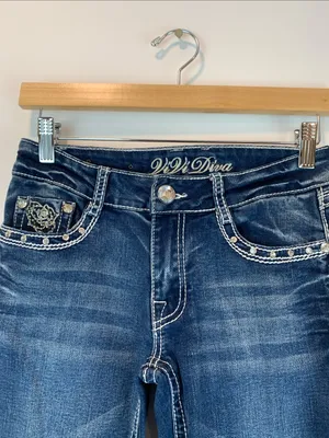 ViVi Diva skinny jeans sz 5 dark wash bedazzled embroidered floral western moto thumbnail 3