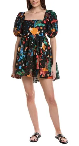 FARM RIO Zodiac Printed Mini Dress‎ size Small Puff Sleeves Celestial Witchy thumbnail 1