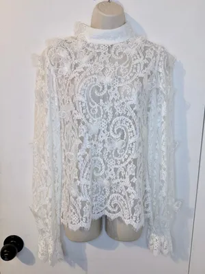 INA White Lace High Neck Blouse 3D Butterflies Size L Back Zipper thumbnail 2