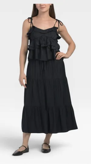 NWT LE LIS 2 Piece Ruffle Top and Maxi Skirt Matching Set in Navy Blue SMALL thumbnail 1