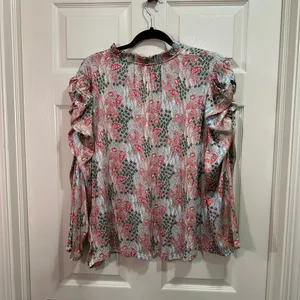 LOFT Garden Cinched Sleeve Ruffle Tie Neck Women’s XL Top Tan thumbnail 4