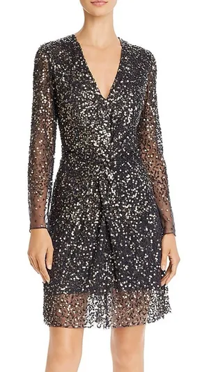 French Connection Emille Sparkle Black & Gold‎ Sequined Dress Sheer Sleeves Sz 4 thumbnail 1