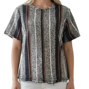 ANN TAYLOR Boucle Tweed‎ Fringe Hems Stripe Print S/S Top NWOT XS thumbnail 1