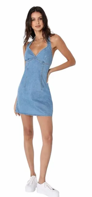 Lulus - NWT Summertime Inspiration Denim Halter Mini Dress Medium Wash Sz S thumbnail 1