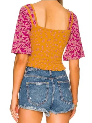 NWT Free People Marigold Tee Golden Combo Smocked Crop Top Boho Size Medium thumbnail 2
