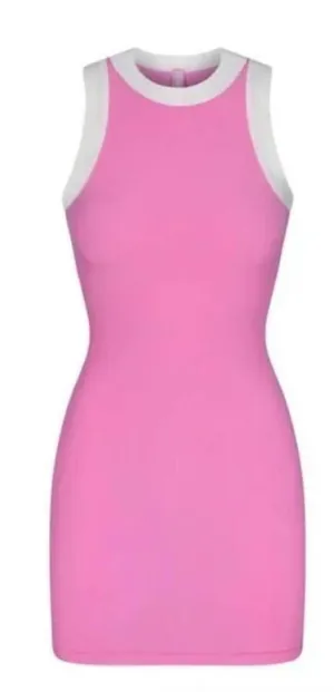 NWOT SKIMS Cotton Rib Ringer Tank Dress Pink White Contrast Bodycon XS thumbnail 1