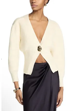 Fore Balloon Sleeve Cardigan Sweater Ivory Size Small Gold Button Ribbed thumbnail 1