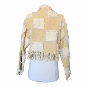 POL Patchwork Fringe Jacket Mixed Media Cropped Boho Raw Edge Button Front Small thumbnail 7