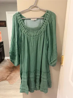 Entro Sage Green Crochet-Neck Boho Dress – Excellent Condition (Size L) thumbnail 2