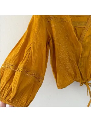 Free People Follow Your Heart Golden yellow Embroidered Lace Blouse size medium thumbnail 12